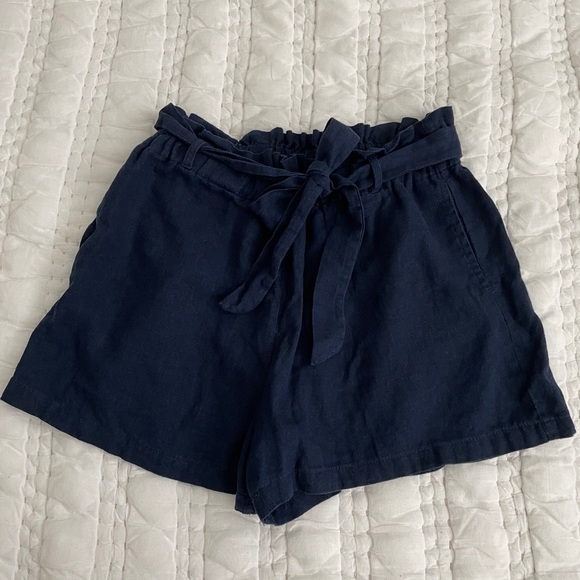 E&M Pants - E&M navy blue paper bag tie linen blend shorts